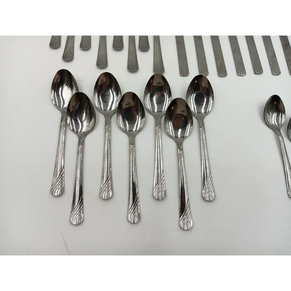 26pc PFF100 Pfaltzgraff Stainless Steel‎ Flatware Swirls Fork Spoon Knife LOT